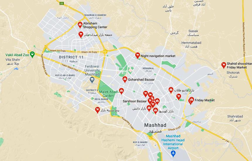 Mashhad bazaar and shopping malls on the map